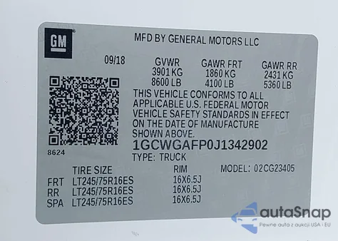 2018 Chevrolet Express 2500 Work Van z USA, uszkodzony, nr VIN 1GCWGAFP0J1342902